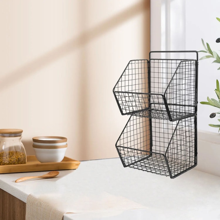 Wall-Mounted Double Layer Kitchen Storage Basket – Carbon Steel Kitchen Organizer