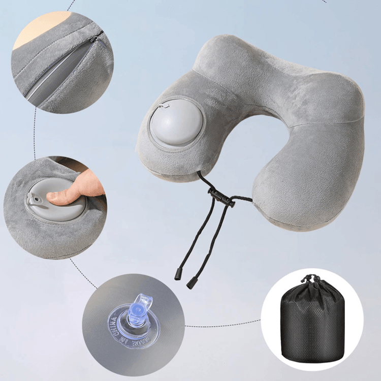 Press-to-Inflate Portable Neck Pillow – Inflatable Travel Pillow with Removable Cover
