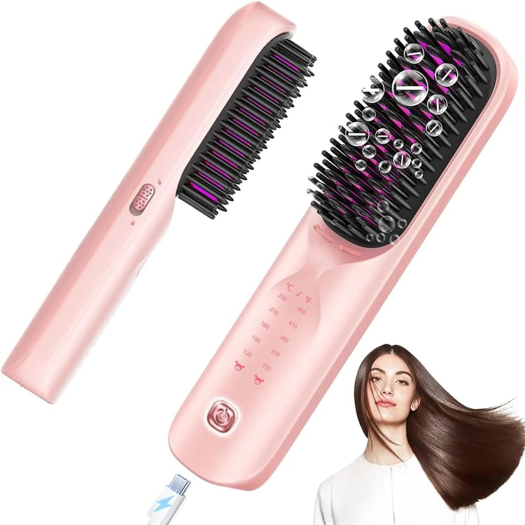 Cordless Hair Straightener Brush Portable Rechargeable Hair Styling Comb with 10000mAh Battery and Negative Ion Function