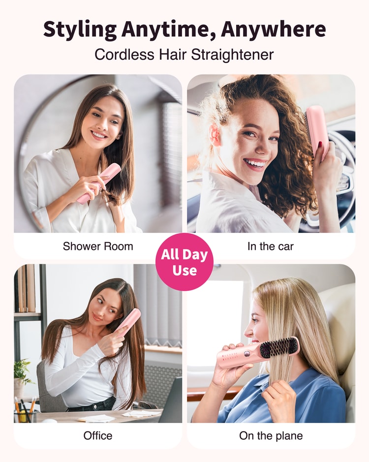 Cordless Hair Straightener Brush Portable Rechargeable Hair Styling Comb with 10000mAh Battery and Negative Ion Function