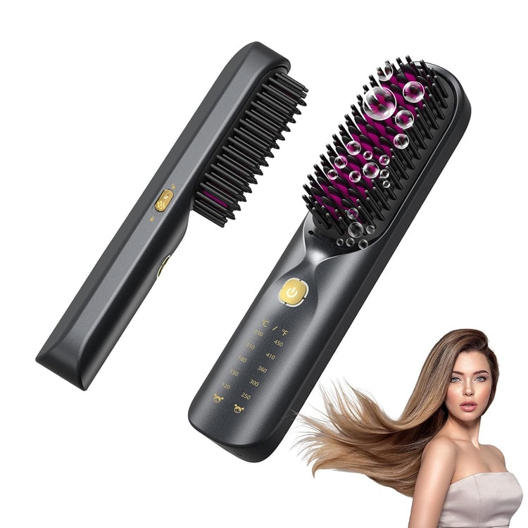 Cordless Hair Straightener Brush Portable Rechargeable Hair Styling Comb with 10000mAh Battery and Negative Ion Function