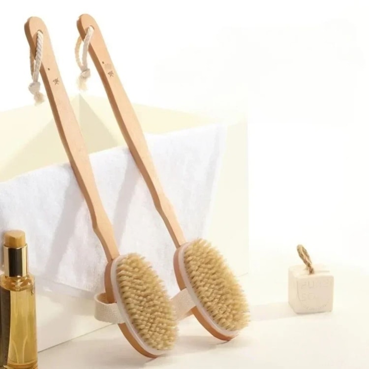 Natural Bristle Back Scrubber Shower Brush with Long Detachable Wooden Handle for Body Bathing and Exfoliation