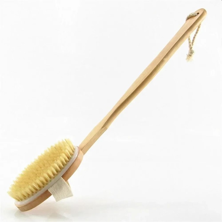 Natural Bristle Back Scrubber Shower Brush with Long Detachable Wooden Handle for Body Bathing and Exfoliation