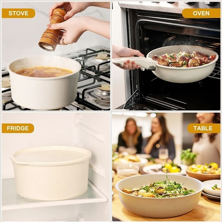21-Piece Ceramic Cookware Set with Removable Handles Pots Pans Lids and Kitchen Utensils White