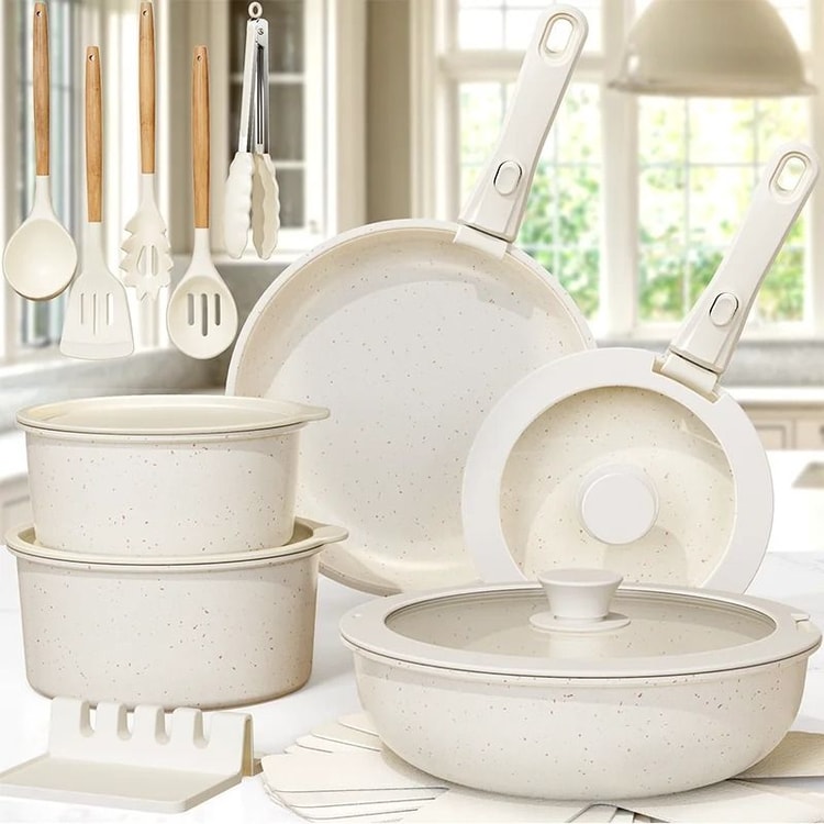 21-Piece Ceramic Cookware Set with Removable Handles Pots Pans Lids and Kitchen Utensils White